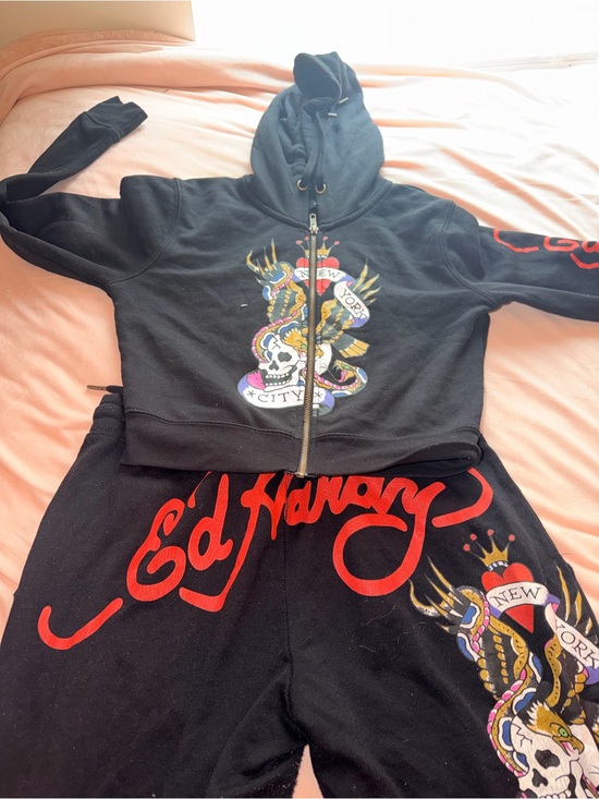 Ed Hardy Pants - Ed Hardy Black Zip Hoodie and Sweatpants Set with Red Script
